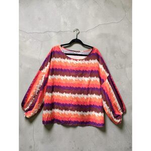 Plus Size 3X Bold Orange & Purple Ikat Zig Zag Puff Sleeve Blouse - Boho Tunic